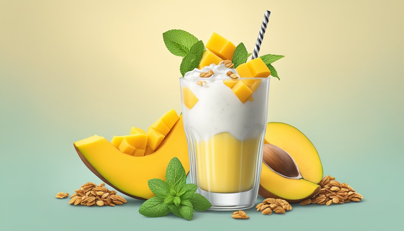 A tall glass filled with layers of vibrant yellow mango smoothie, creamy yogurt, and crunchy granola, topped with a slice of fresh mango and a sprig of mint