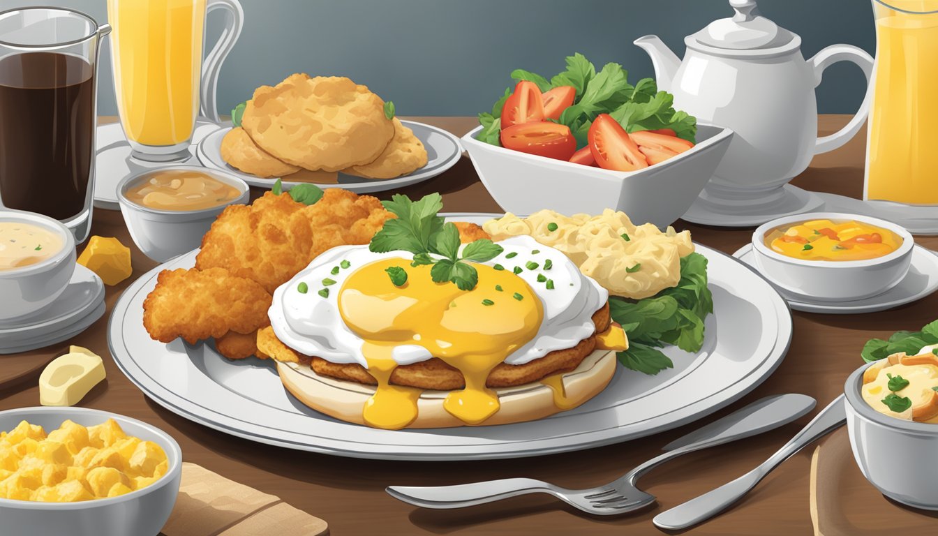 A plate of Chicken & Biscuit Benedict surrounded by other breakfast items on a table