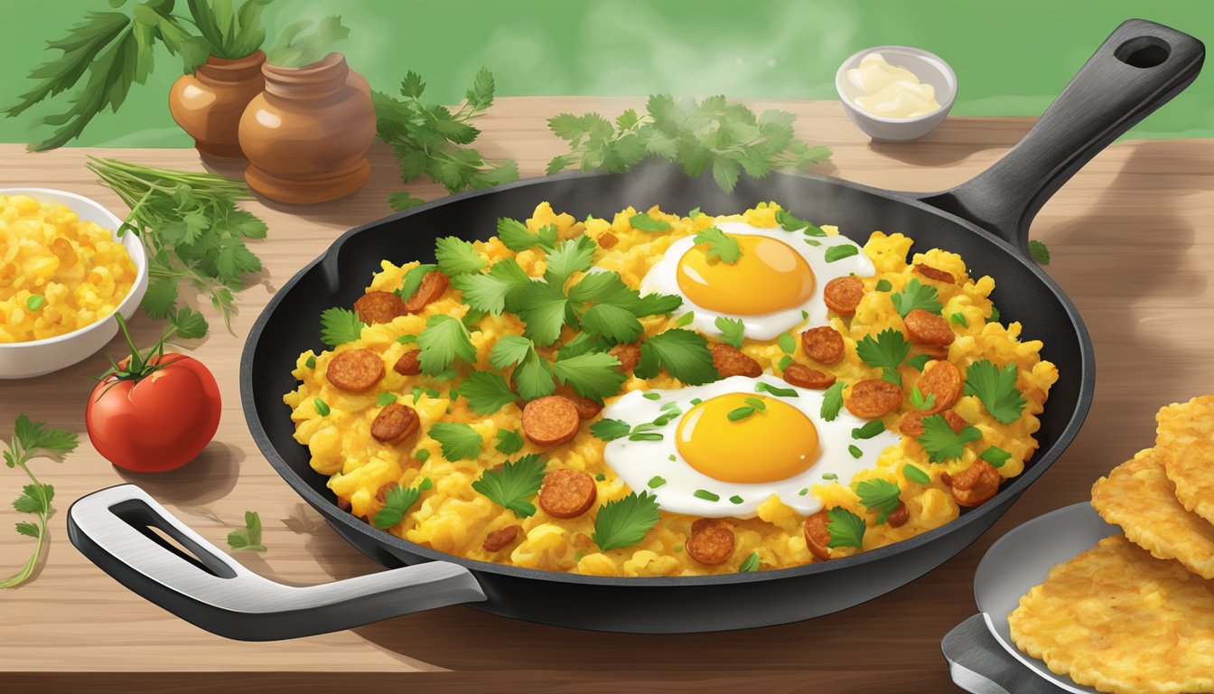 A sizzling skillet holds a hearty scramble of golden hash browns, spicy chorizo, and fluffy scrambled eggs, garnished with vibrant green herbs