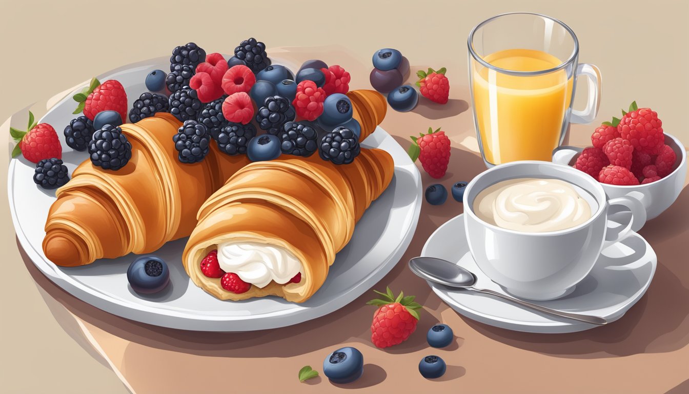 Two halves of a croissant filled with berries and cream, surrounded by a breakfast spread