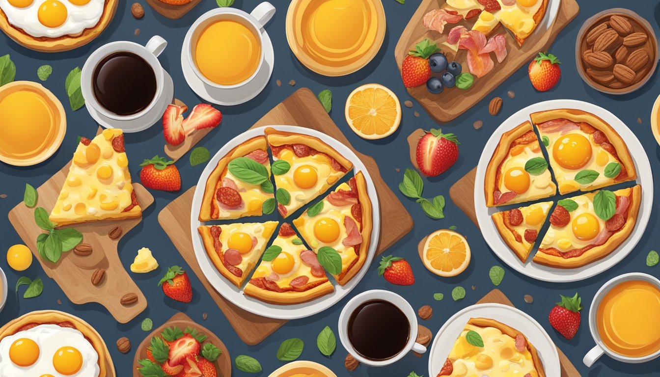 A breakfast pizza topped with melted cheddar cheese, bacon, and eggs on a crispy golden crust, surrounded by a colorful array of fresh fruits and a steaming cup of coffee