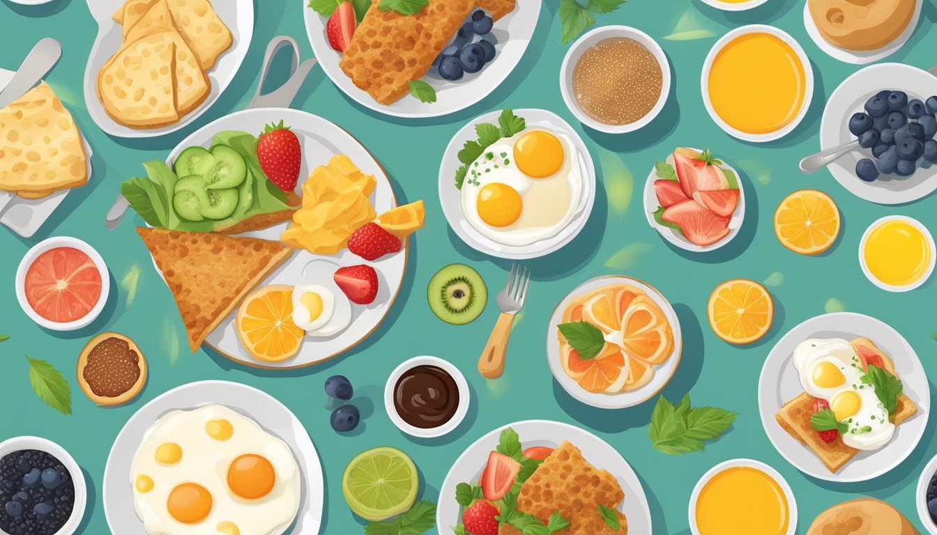 A table set with a variety of colorful and appetizing breakfast foods arranged in attractive combinations