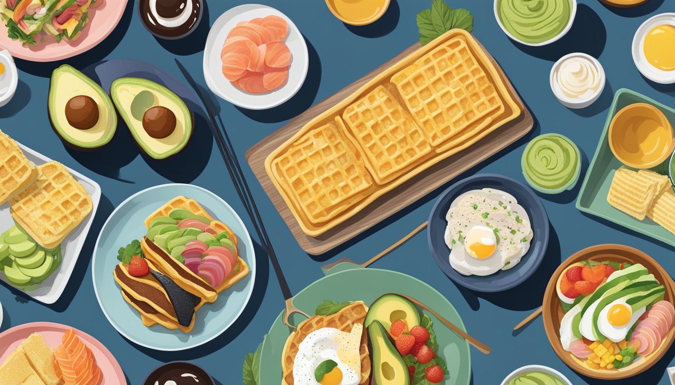 A colorful breakfast spread with unconventional pairings like sushi pancakes, ramen omelette, and avocado waffle sandwich