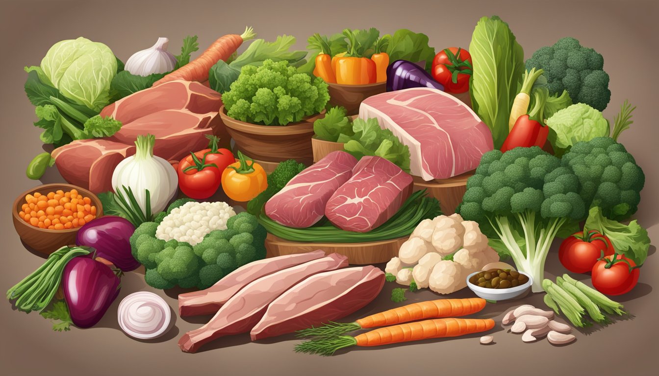 A table set with a variety of fresh vegetables alongside meat and animal products, illustrating the incorporation of vegetables into the carnivore diet