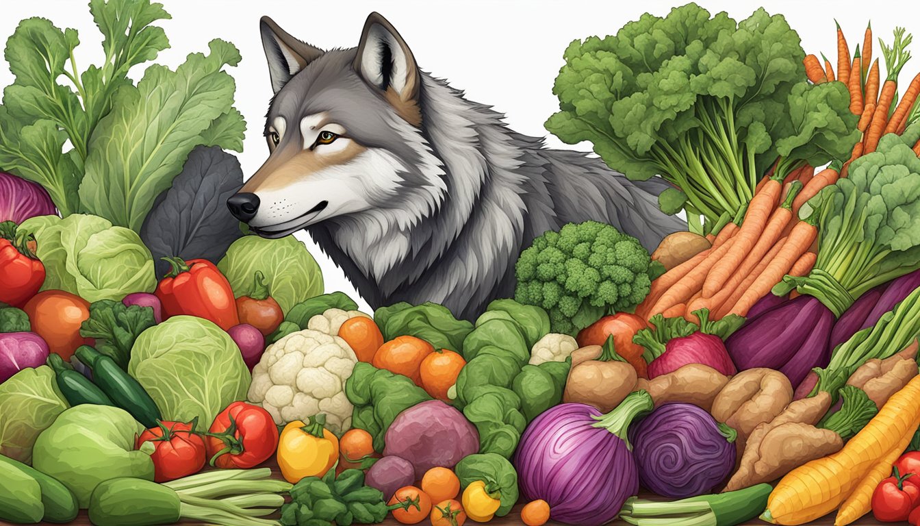 A wolf surrounded by a variety of colorful vegetables, with a pile of meat in the center