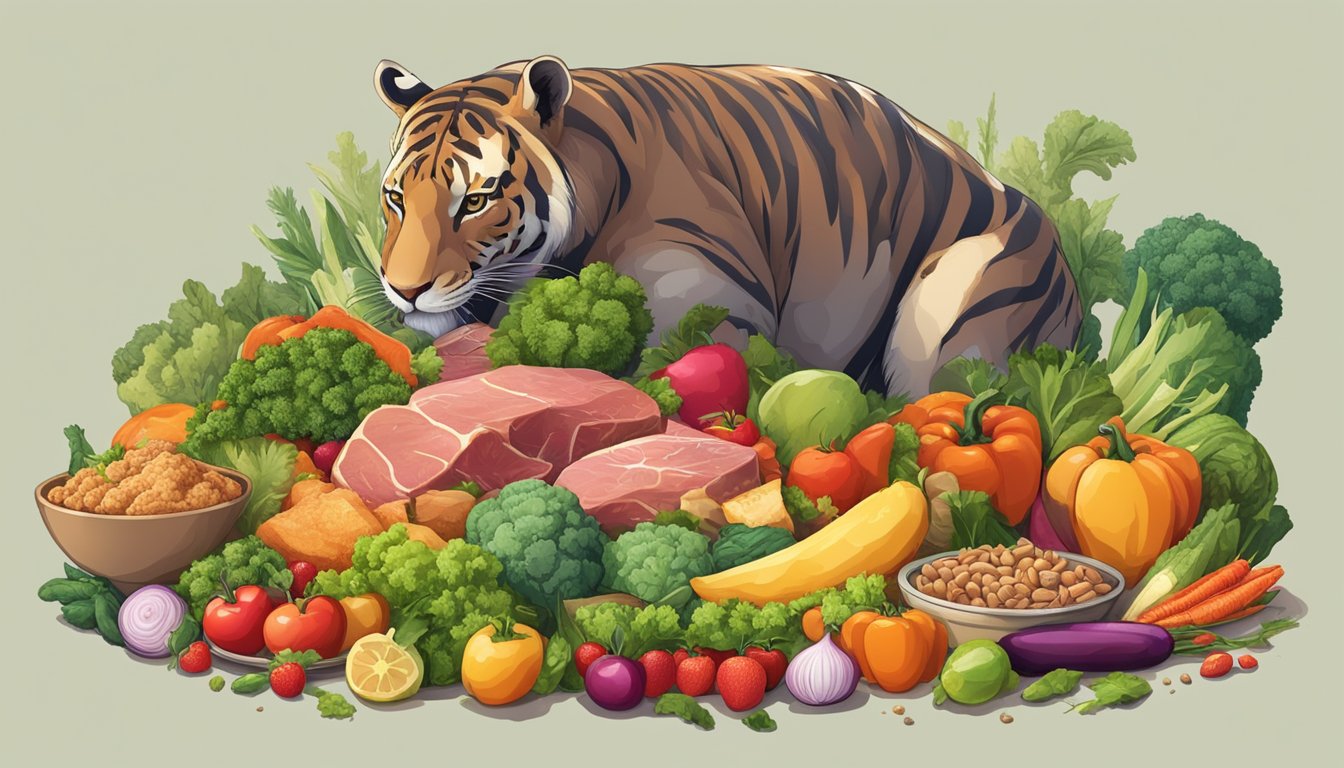 A carnivorous animal eating a meal of meat and vegetables, with a variety of colorful and nutritious produce scattered around the feeding area