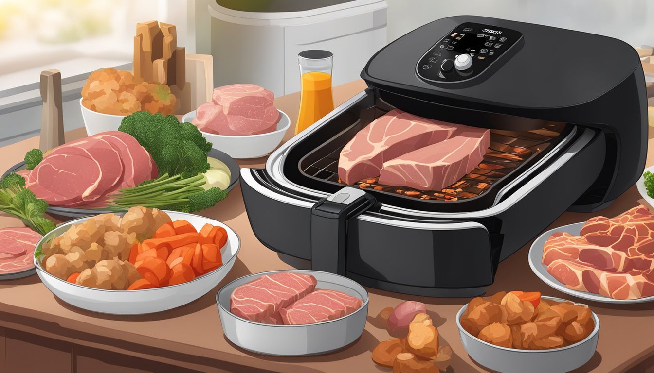 A variety of raw meats and animal products arranged next to an air fryer, with vegetables and seasonings nearby