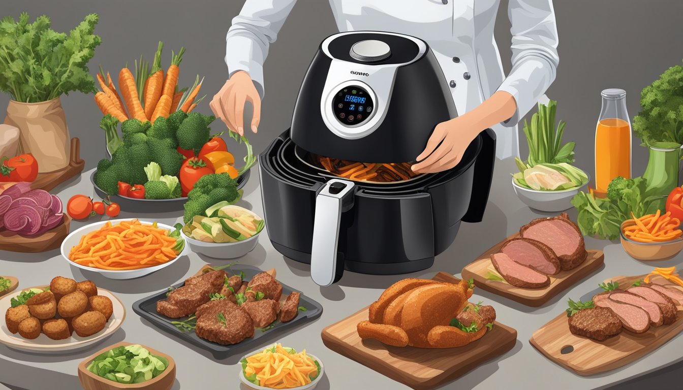 An air fryer surrounded by various meats and vegetables, with a nutritionist providing advice