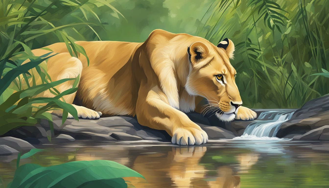 A lioness drinks from a clear stream, surrounded by lush green vegetation and vibrant wildlife