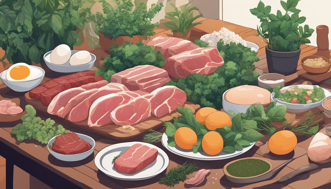 A table with various types of raw meat, fish, and eggs, surrounded by plants and herbs. A book about the carnivore diet lies open nearby