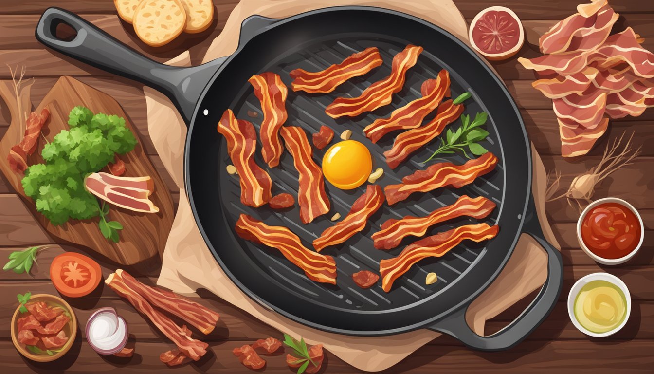 A sizzling pan with crispy bacon strips on a wooden cutting board, surrounded by raw meat and bones