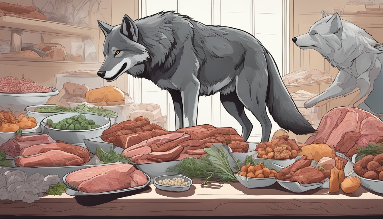 A wolf surrounded by fresh meat, bones, and organs, with a scientific research paper on the carnivore diet in the background