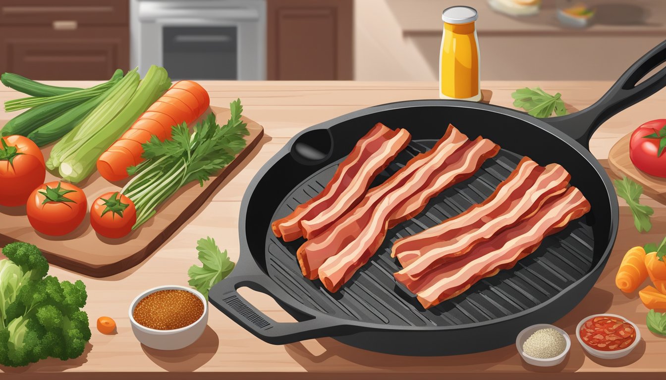 A sizzling strip of bacon cooks in a skillet, surrounded by fresh vegetables and a variety of seasonings on a kitchen counter