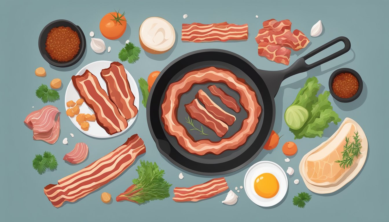 A sizzling strip of bacon sizzles in a skillet, surrounded by raw meat and animal products, representing the carnivore diet