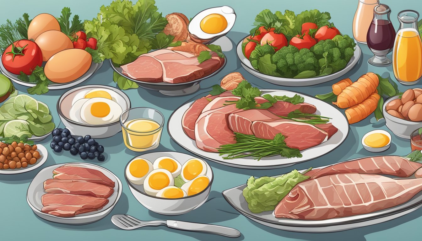 A table set with various meats, fish, and eggs, surrounded by fresh vegetables and fruits