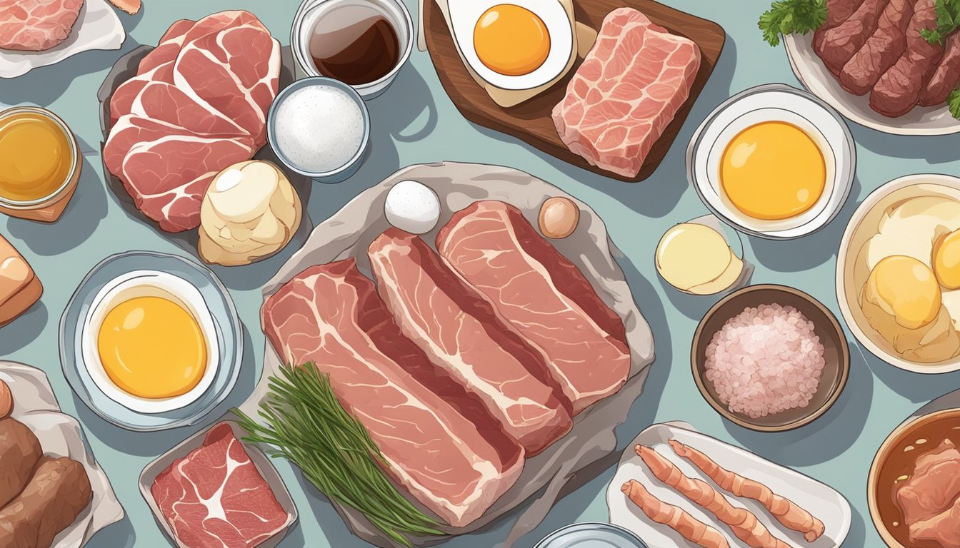 A table with various raw meats, eggs, and organ meats, surrounded by bone broth, salt, and water