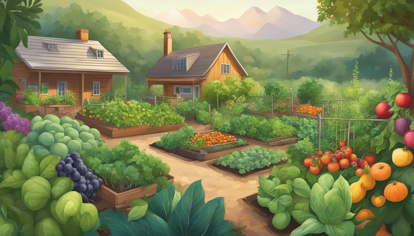 A lush garden with a variety of fruits, vegetables, and herbs growing alongside a small, sustainable homestead