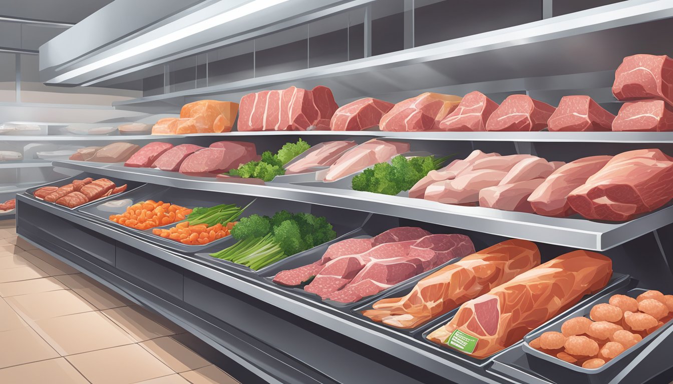 A variety of fresh meats, including beef, chicken, and pork, neatly displayed on a clean and well-lit shelf at Aldi