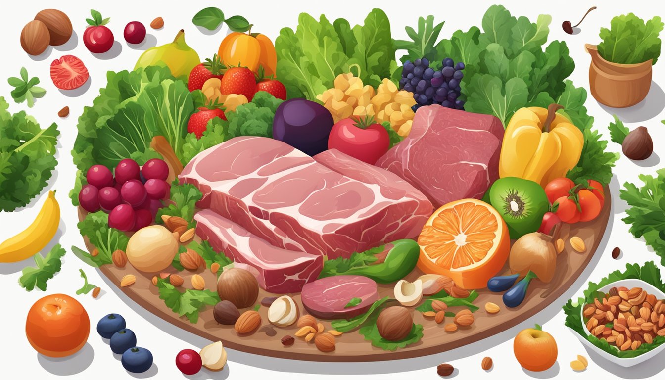 A carnivore diet: A variety of fresh, raw meats and organs, surrounded by leafy greens and colorful vegetables, with a selection of fruits and nuts