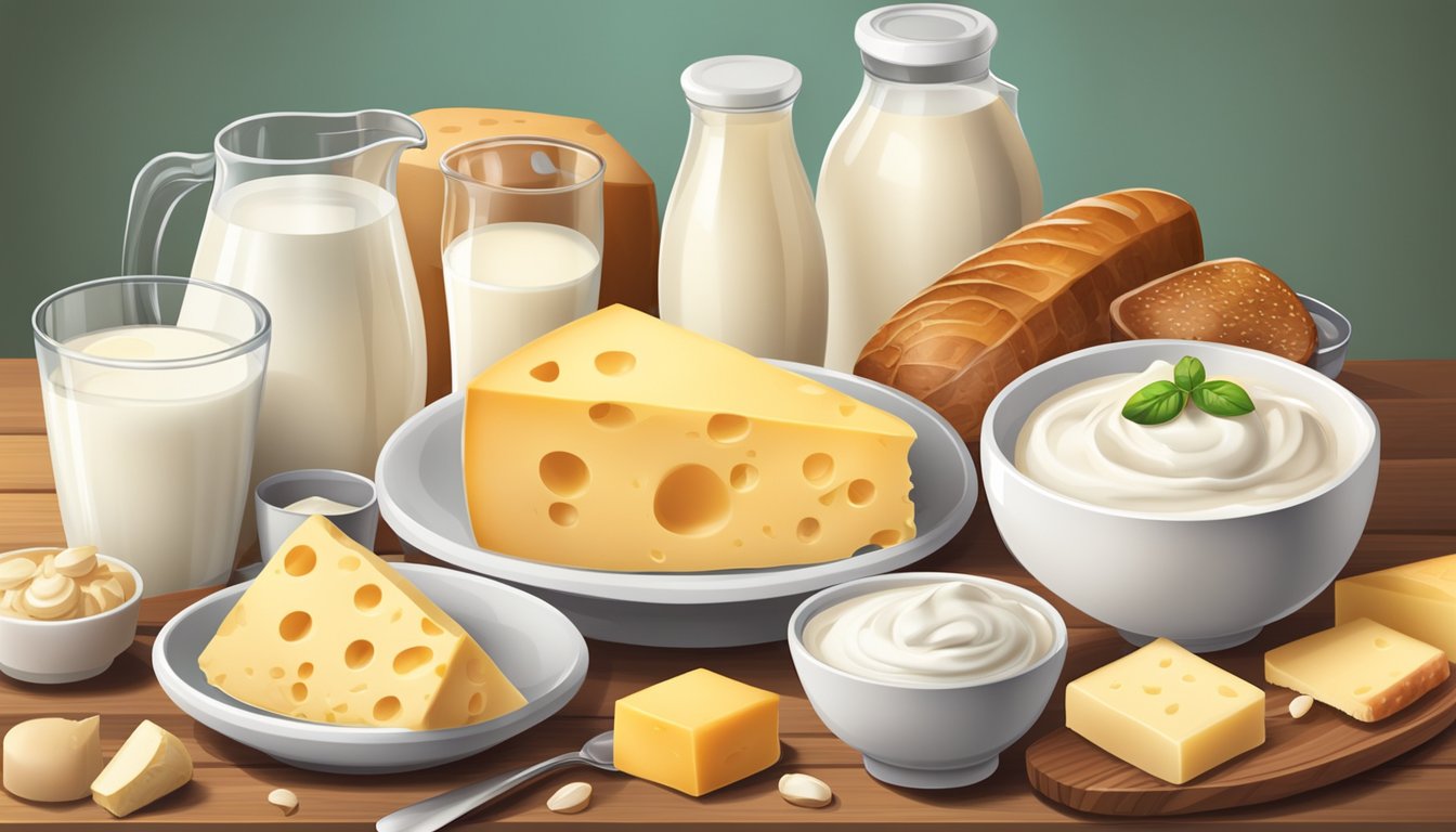 A variety of dairy products, such as cheese, milk, and yogurt, are arranged neatly on a wooden table, surrounded by a selection of meat products