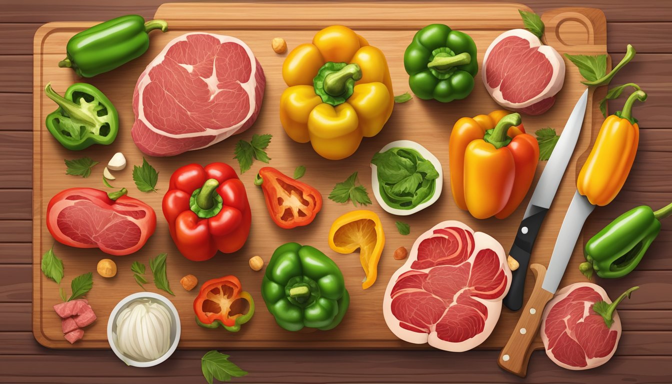 A colorful array of bell peppers arranged on a wooden cutting board, surrounded by various cuts of raw meat