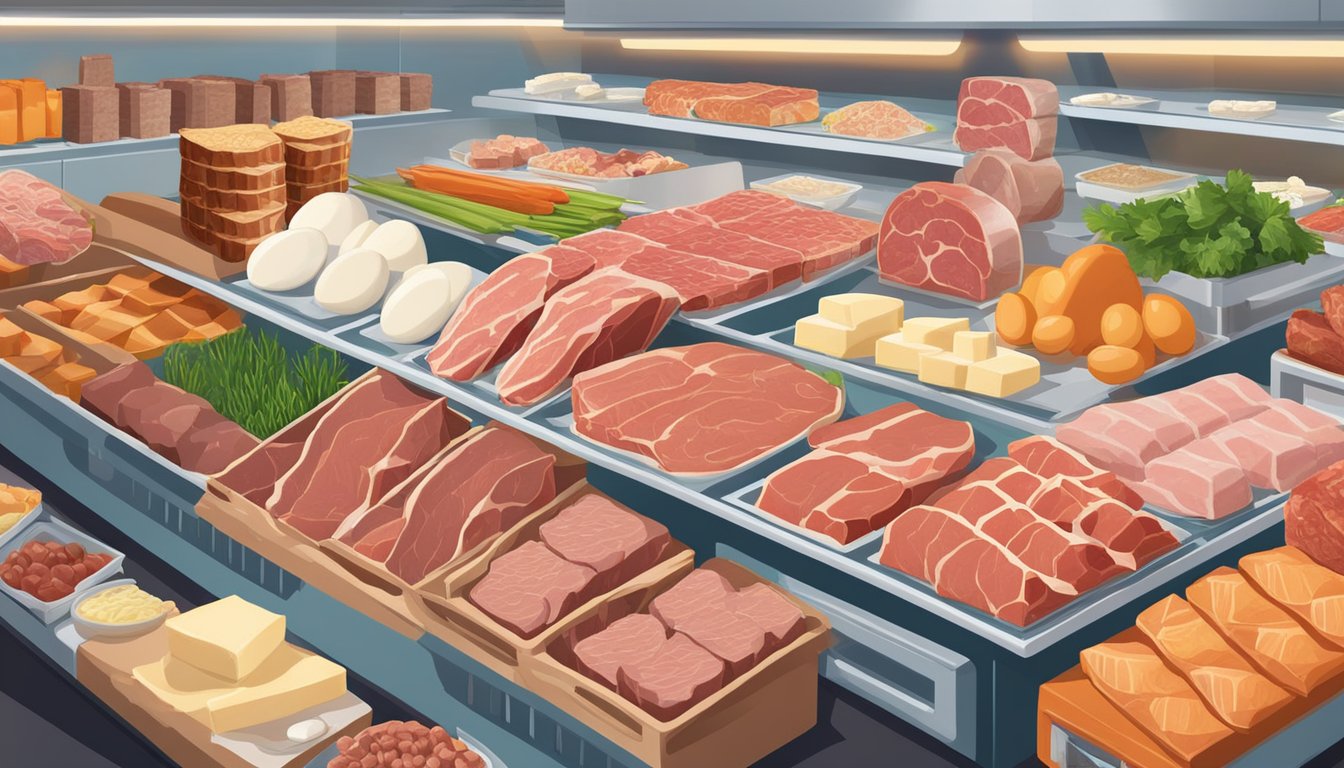 A table with various raw meats, eggs, and dairy products, surrounded by shelves stocked with carnivore-friendly foods at an Aldi grocery store