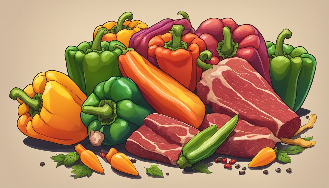 A pile of vibrant bell peppers surrounded by raw meat and bones