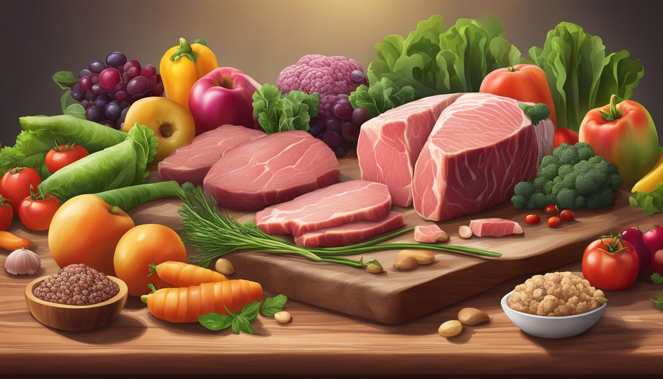 A variety of fresh, grass-fed meats and organ meats displayed on a wooden cutting board, surrounded by vibrant, nutrient-dense vegetables and fruits