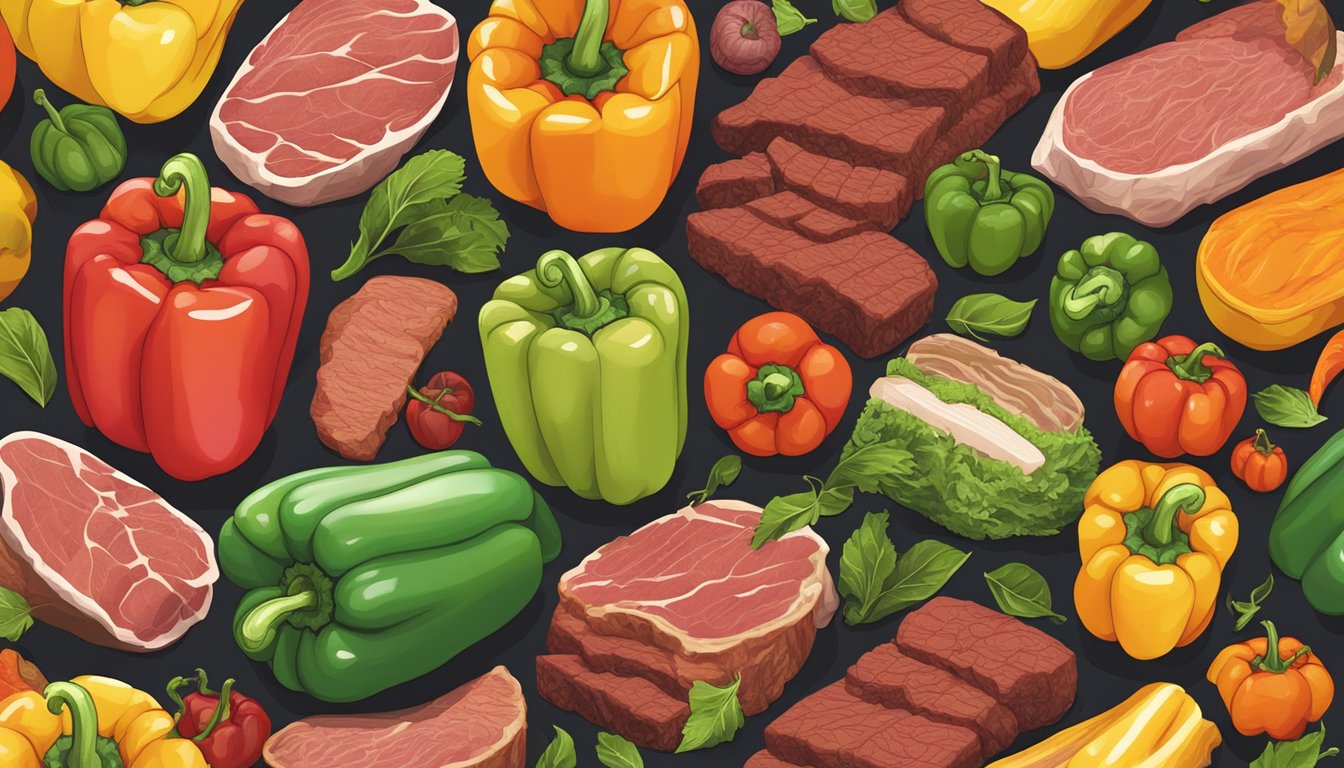 A colorful array of bell peppers surrounded by various raw meats, symbolizing the customization of a carnivore diet