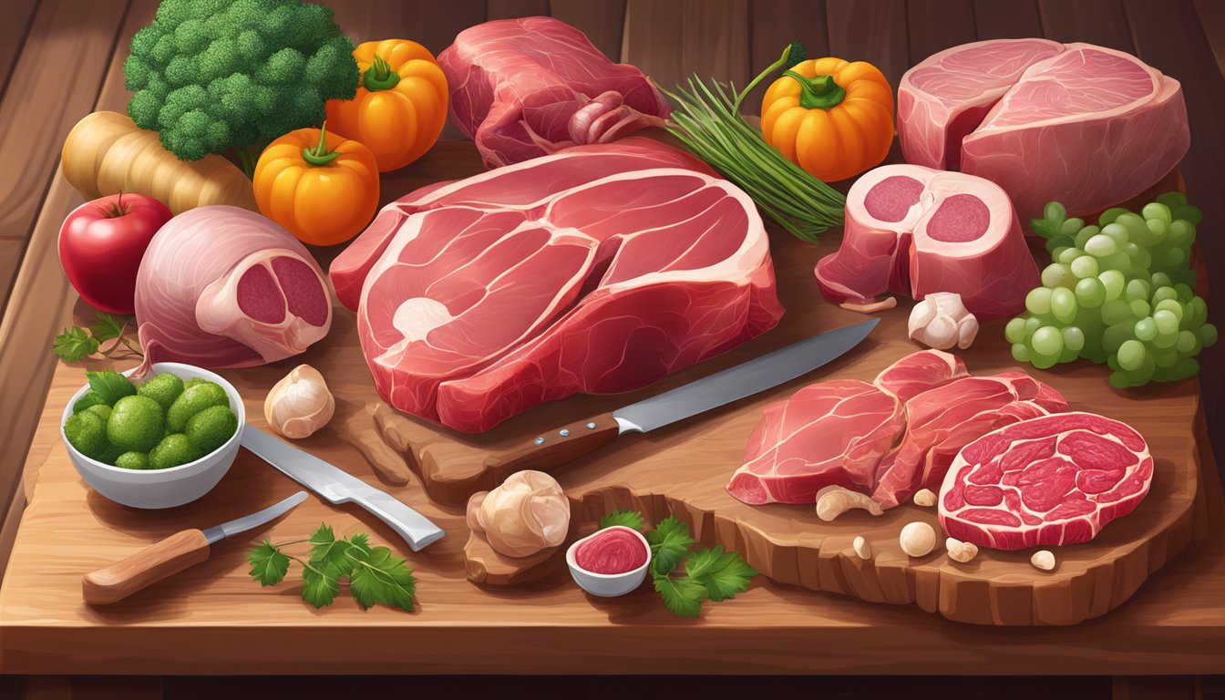 A bountiful display of fresh, raw meat, organs, and bone marrow arranged on a wooden table, surrounded by vibrant, nutrient-dense animal products