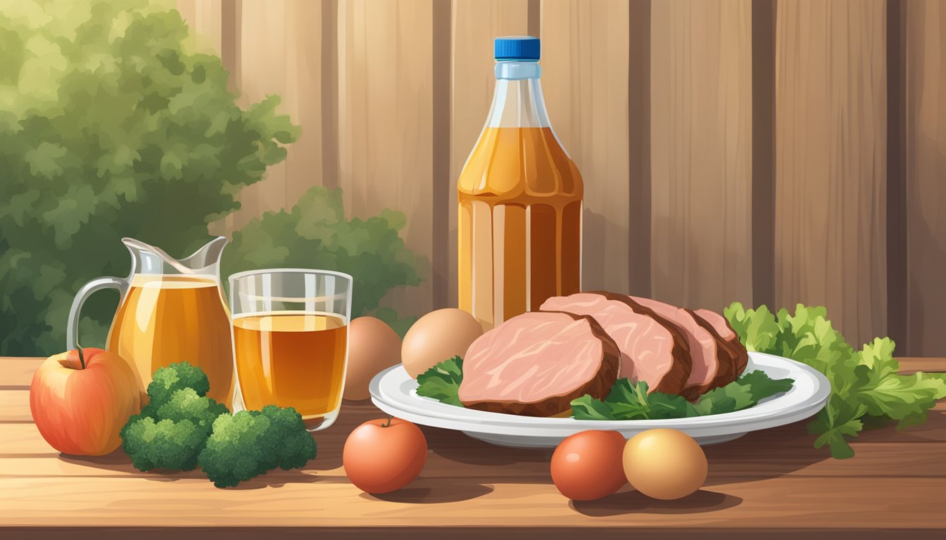 A bottle of apple cider vinegar sits next to a plate of meat, eggs, and vegetables on a wooden table