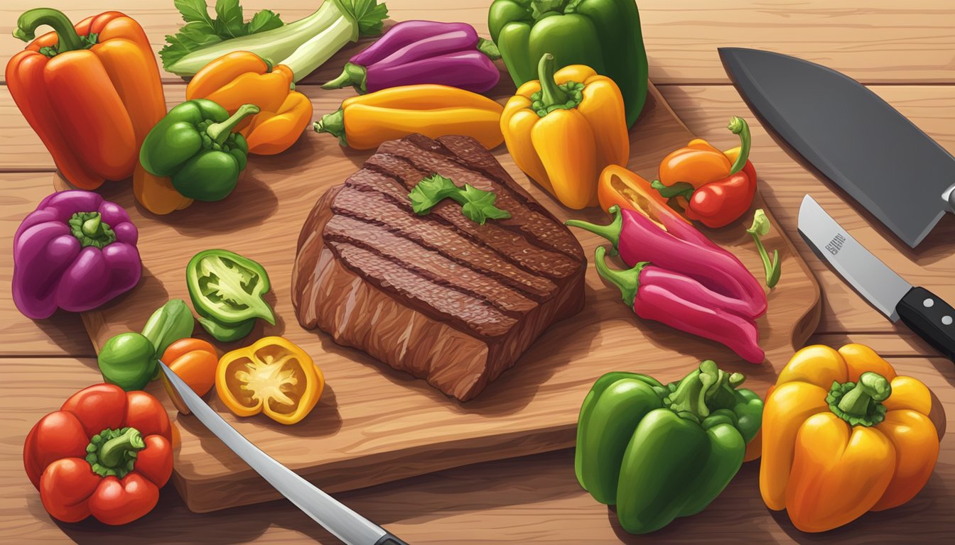 A group of colorful bell peppers arranged around a raw steak on a wooden cutting board, with a carnivorous animal lurking in the background