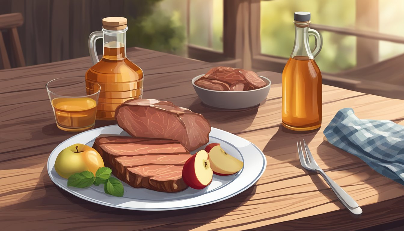 A bottle of apple cider vinegar sits next to a plate of meat on a wooden table