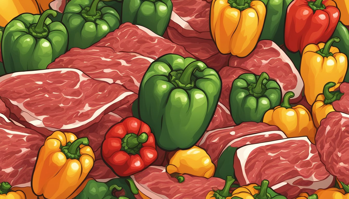 A pile of bell peppers surrounded by raw meat, with a red "no" symbol over the peppers