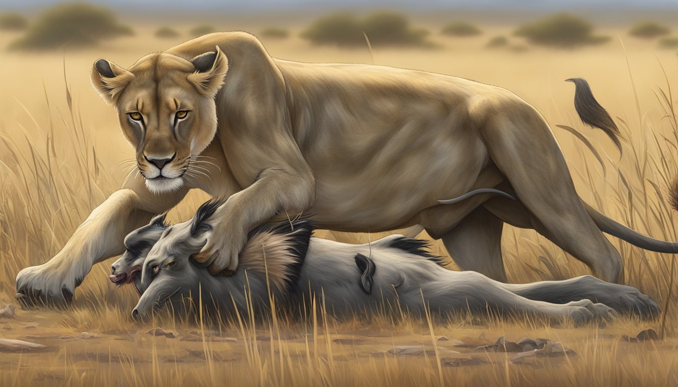 A lioness feasts on a freshly caught wildebeest, its stomach bloated with fermenting grasses. Nearby, a pack of hyenas scavenges the remains, benefiting from the probiotics in the partially digested meal