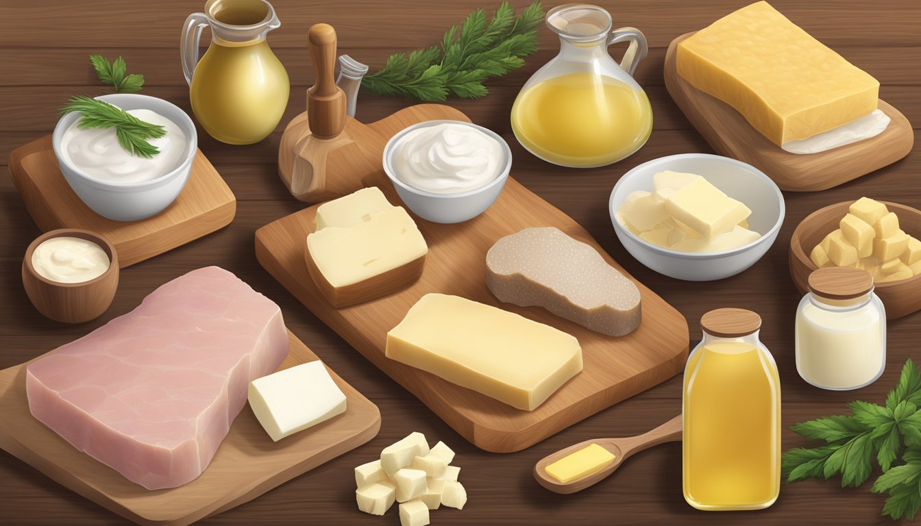 A variety of animal fats and oils, including tallow, lard, and butter, displayed on a wooden cutting board