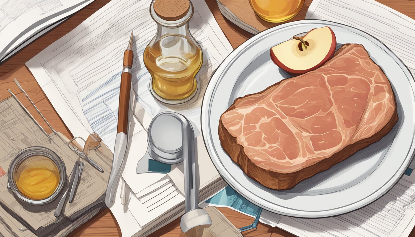 A bottle of apple cider vinegar sits next to a plate of meat, surrounded by scientific journals and research papers