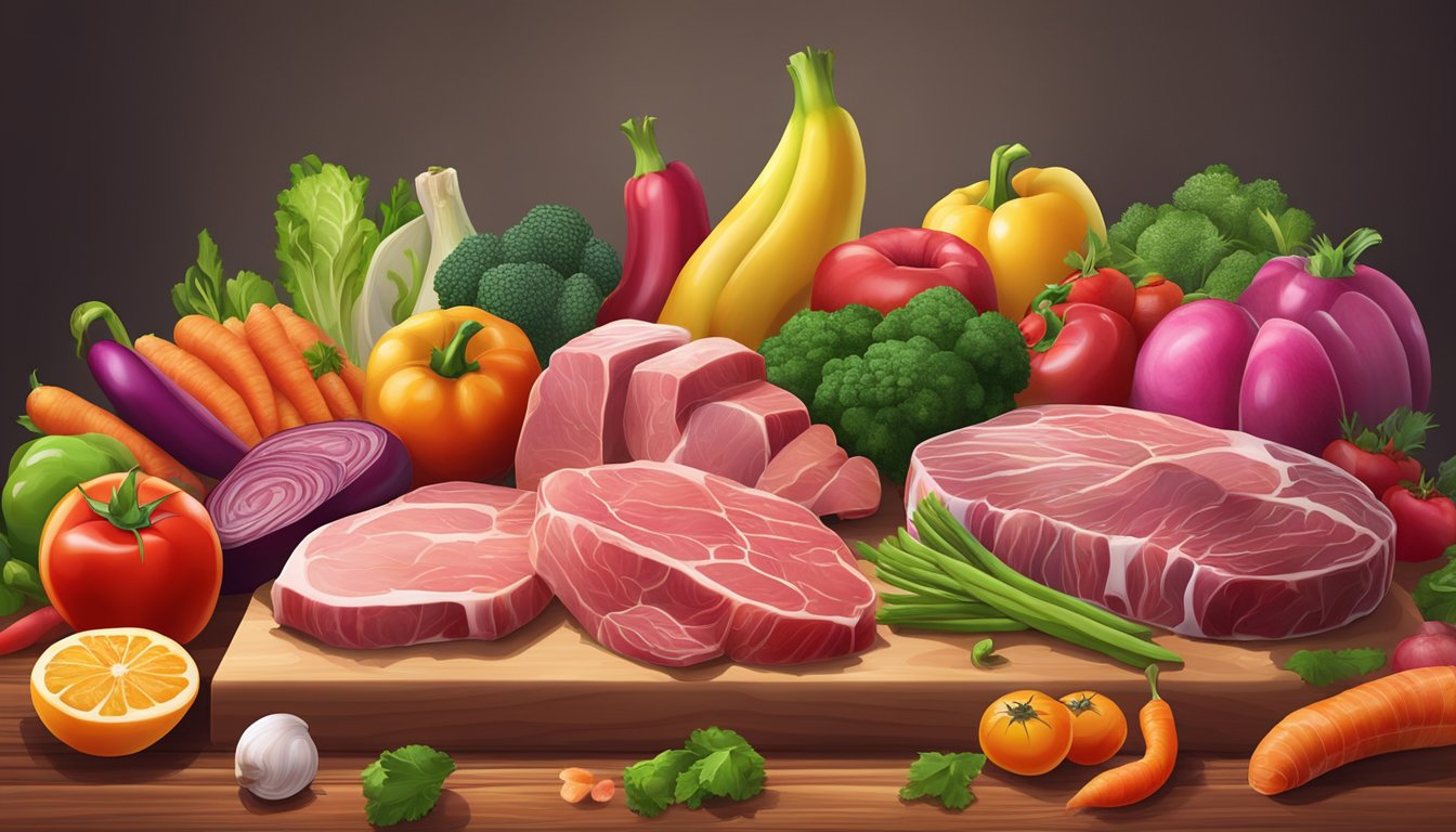 A diverse array of fresh, raw meats and organs arranged on a wooden cutting board, surrounded by vibrant, colorful vegetables and fruits