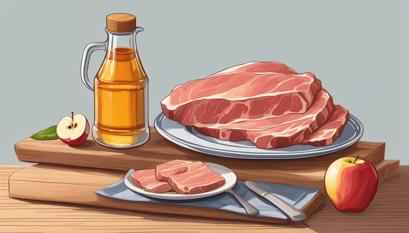 A bottle of apple cider vinegar placed next to a plate of raw meat