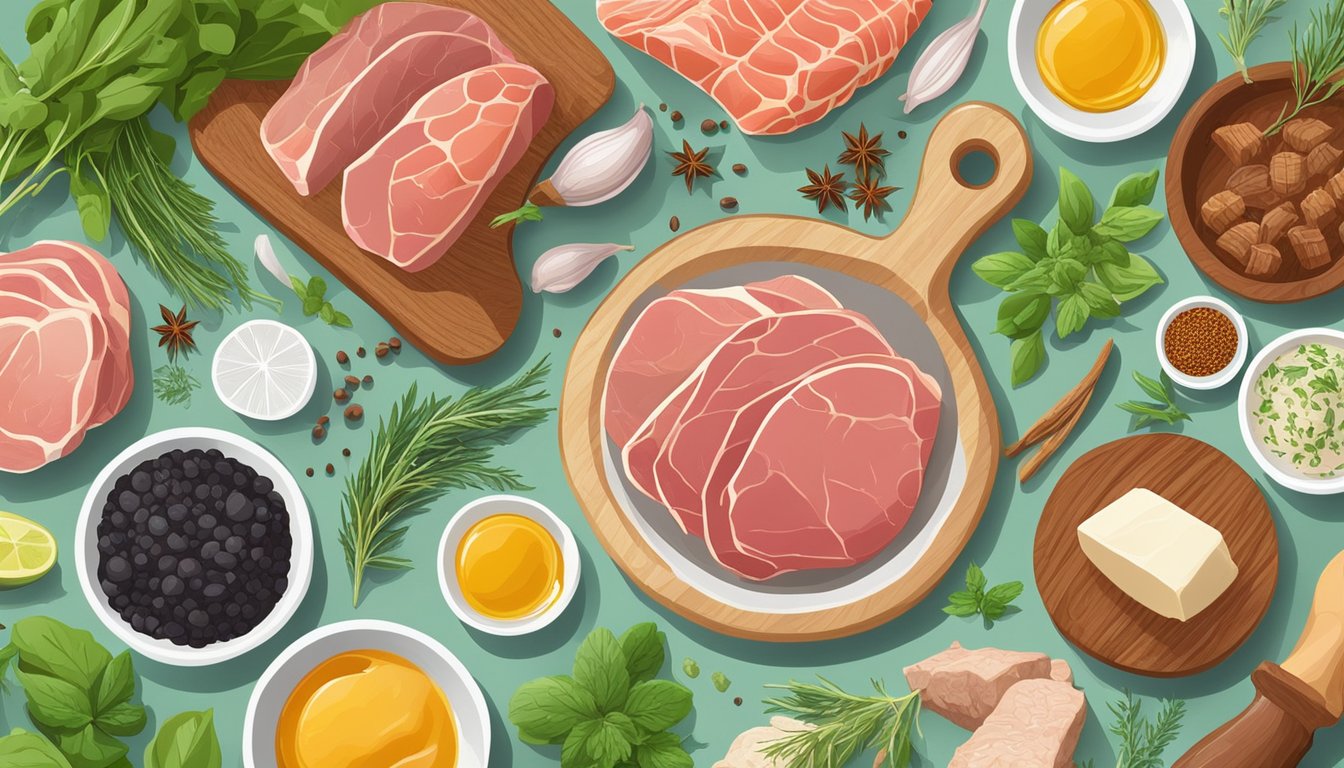 A variety of meats and animal fats displayed on a cutting board, surrounded by fresh herbs and spices