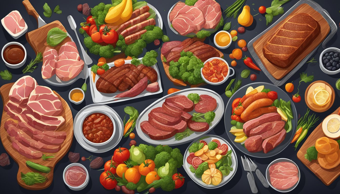 A table with a variety of meats, including steaks, sausages, and bacon, surrounded by colorful vegetables and fruits