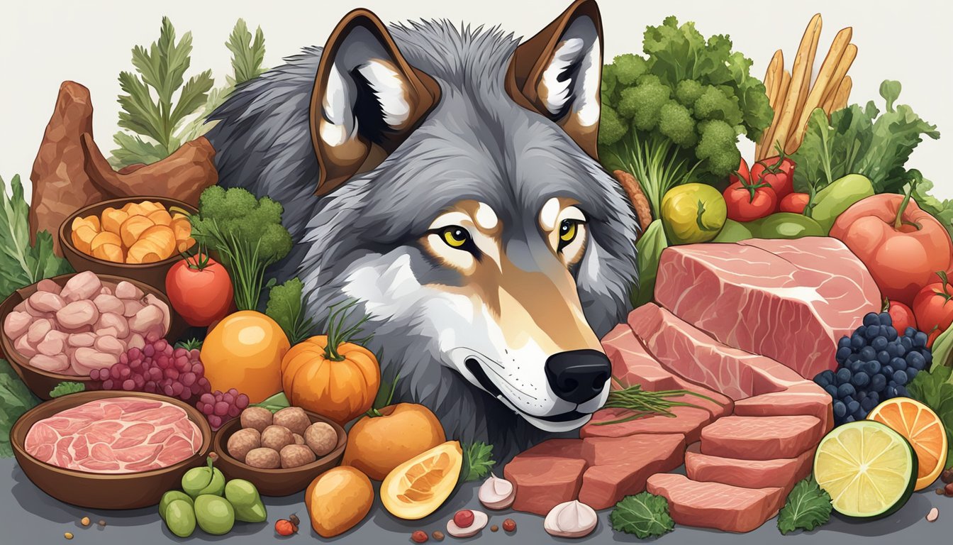 A wolf surrounded by various types of meat, with a small portion of vegetables and fruits in the background