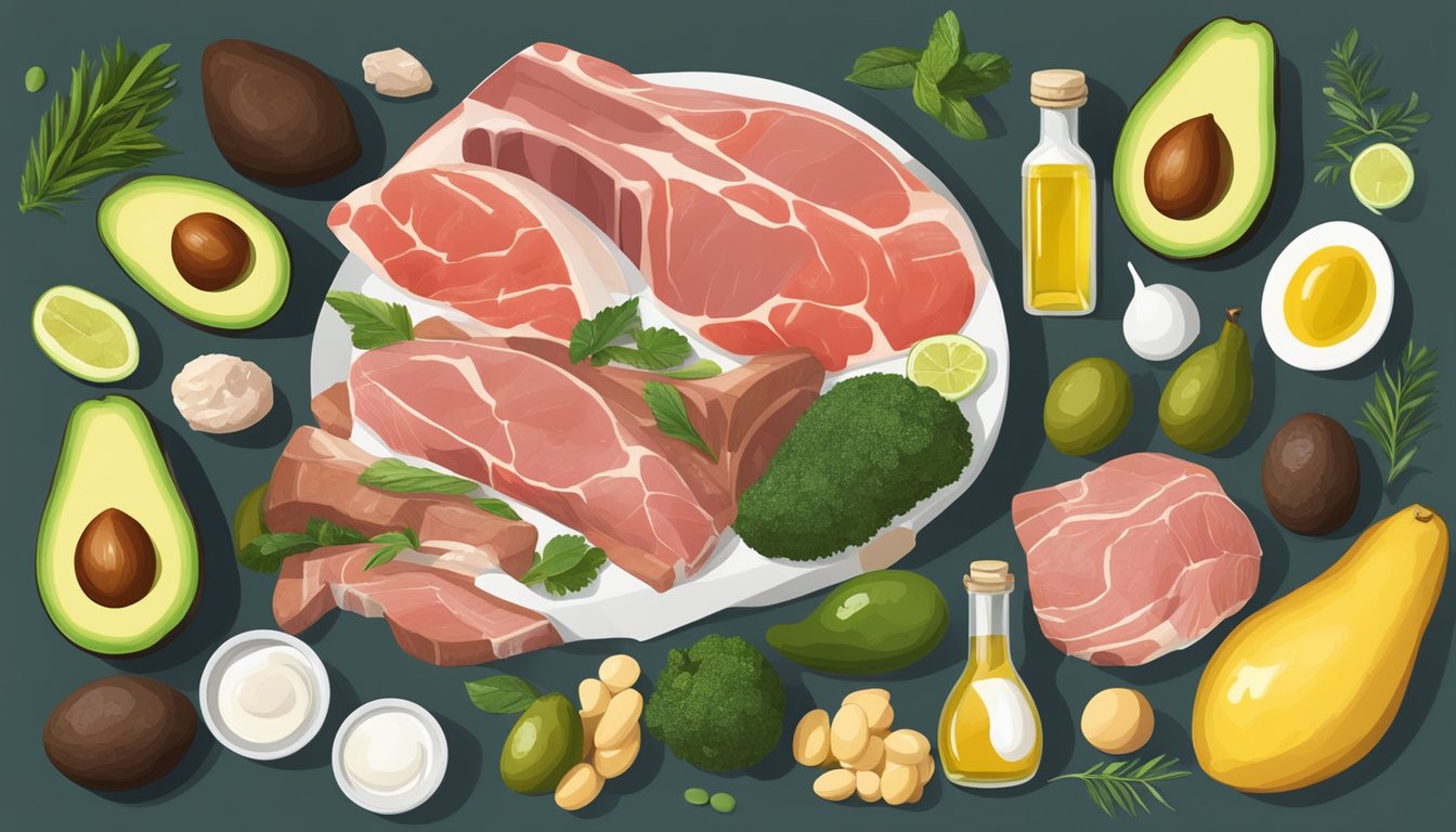 A carnivore surrounded by various sources of healthy fats and oils, such as fatty cuts of meat, fish, eggs, avocados, and olive oil