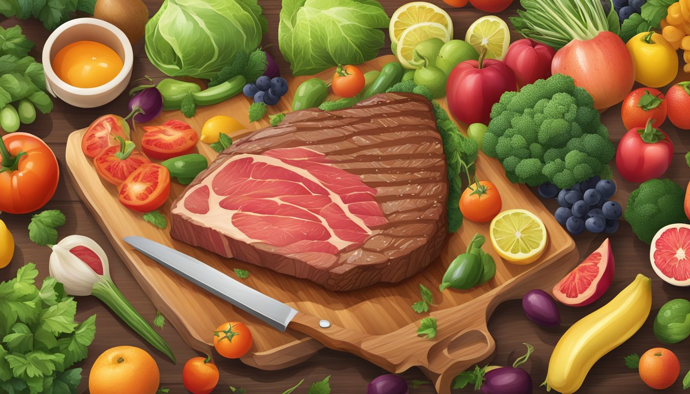 A large steak surrounded by a variety of colorful fruits and vegetables on a wooden cutting board