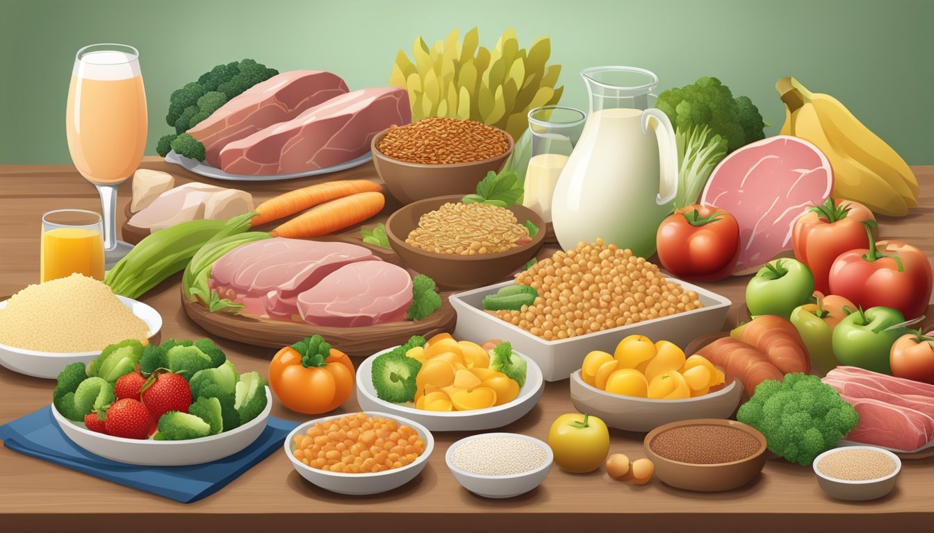 A table with a variety of foods: meat, vegetables, fruits, grains, and dairy, showcasing a balanced diet