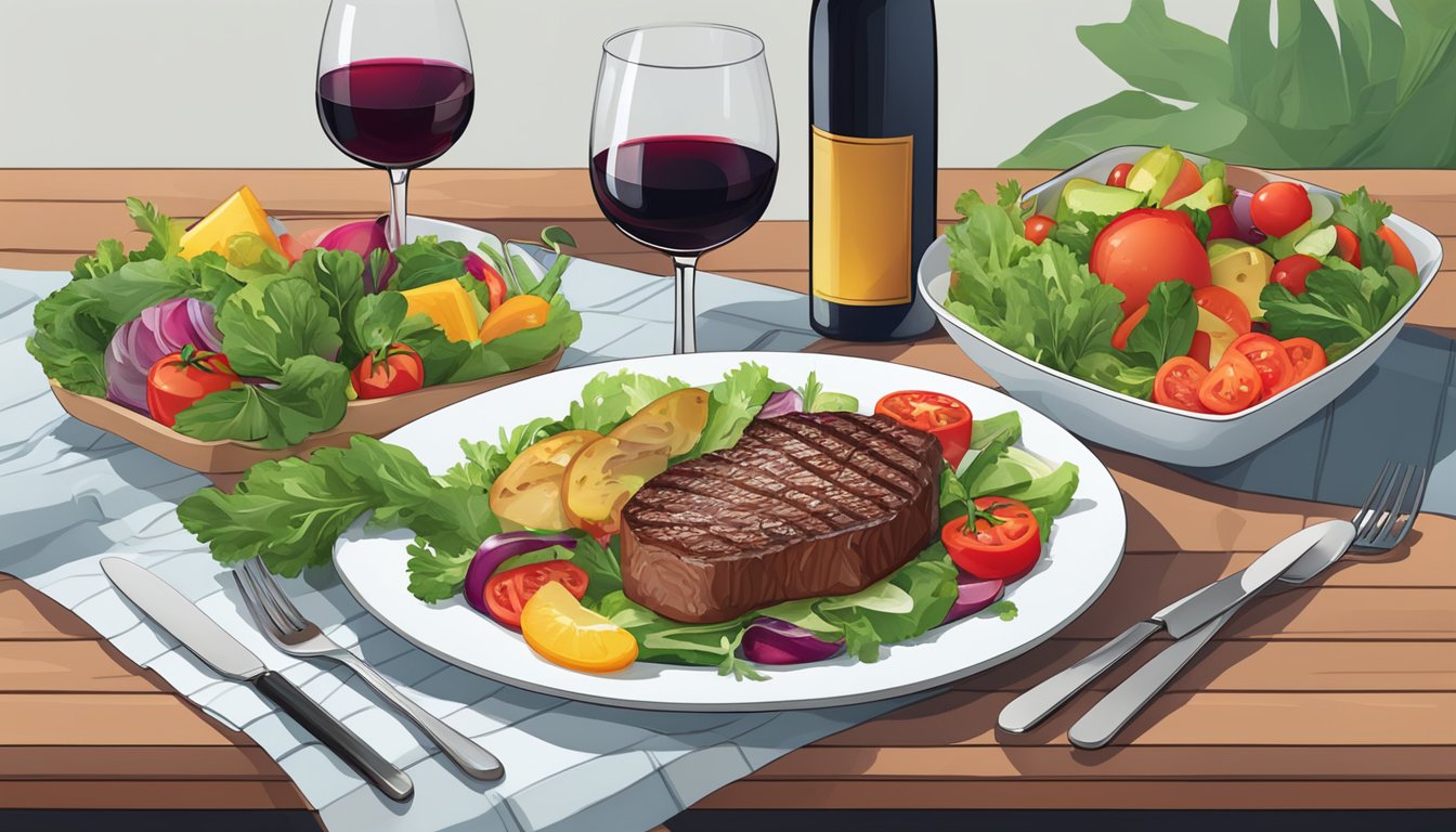 A table set with a variety of foods: a juicy steak, fresh vegetables, and a colorful salad, with a glass of red wine beside it