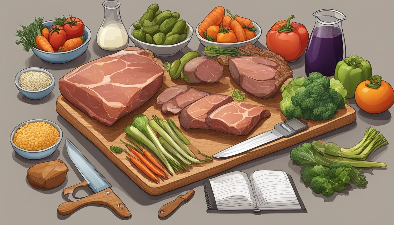 A table with various meats, vegetables, and a scale surrounded by measuring tools and a notebook