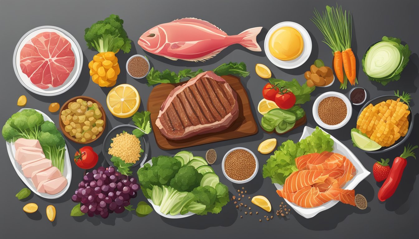 A table with a variety of foods: steak, chicken, fish, vegetables, fruits, and grains