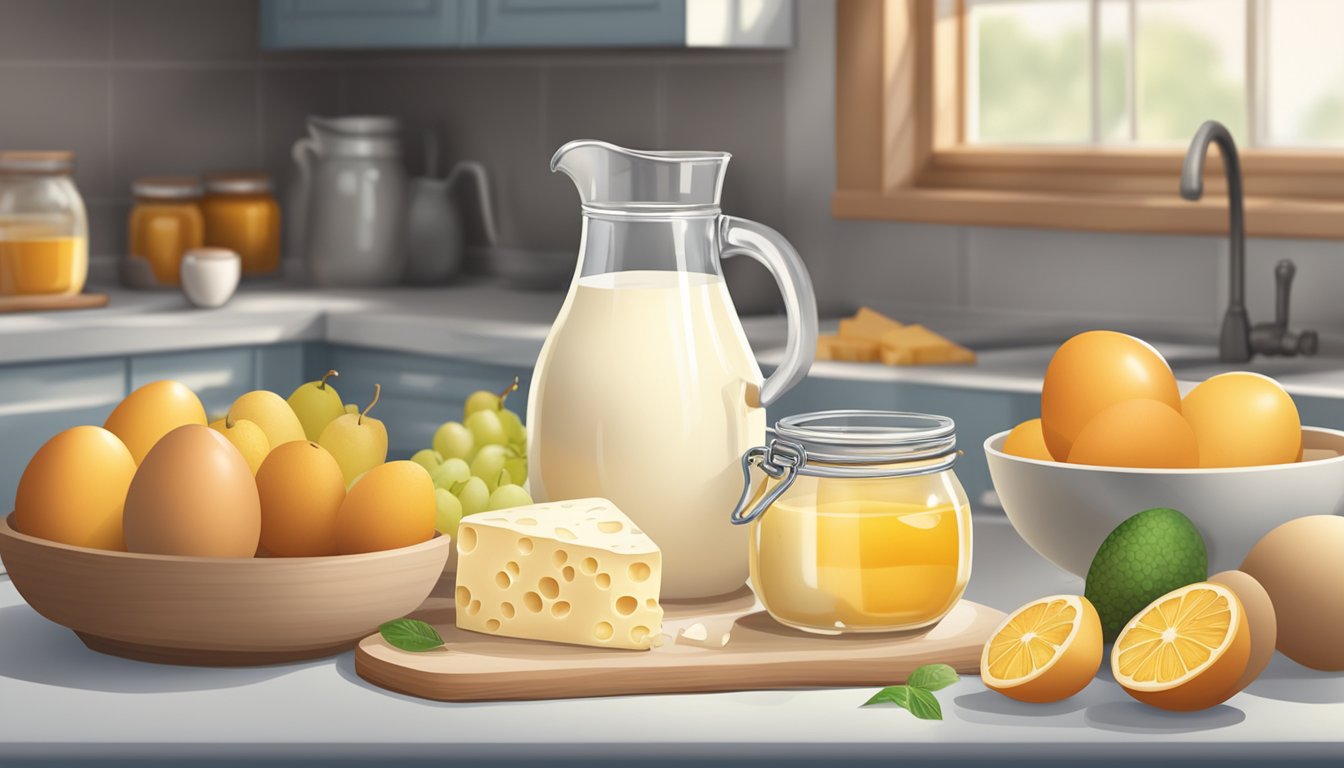 A kitchen counter with a carton of eggs, a block of cheese, and a pitcher of milk, surrounded by fresh fruits and a jar of honey