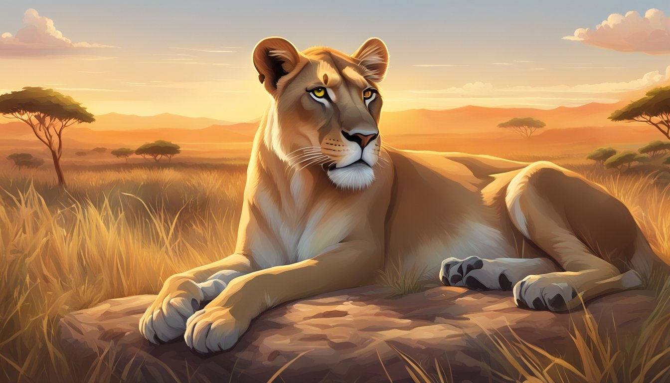 A lioness lounges in a grassy savanna, surrounded by fresh meat and bone-shaped skincare products. The sun sets behind her, casting a warm glow on the scene